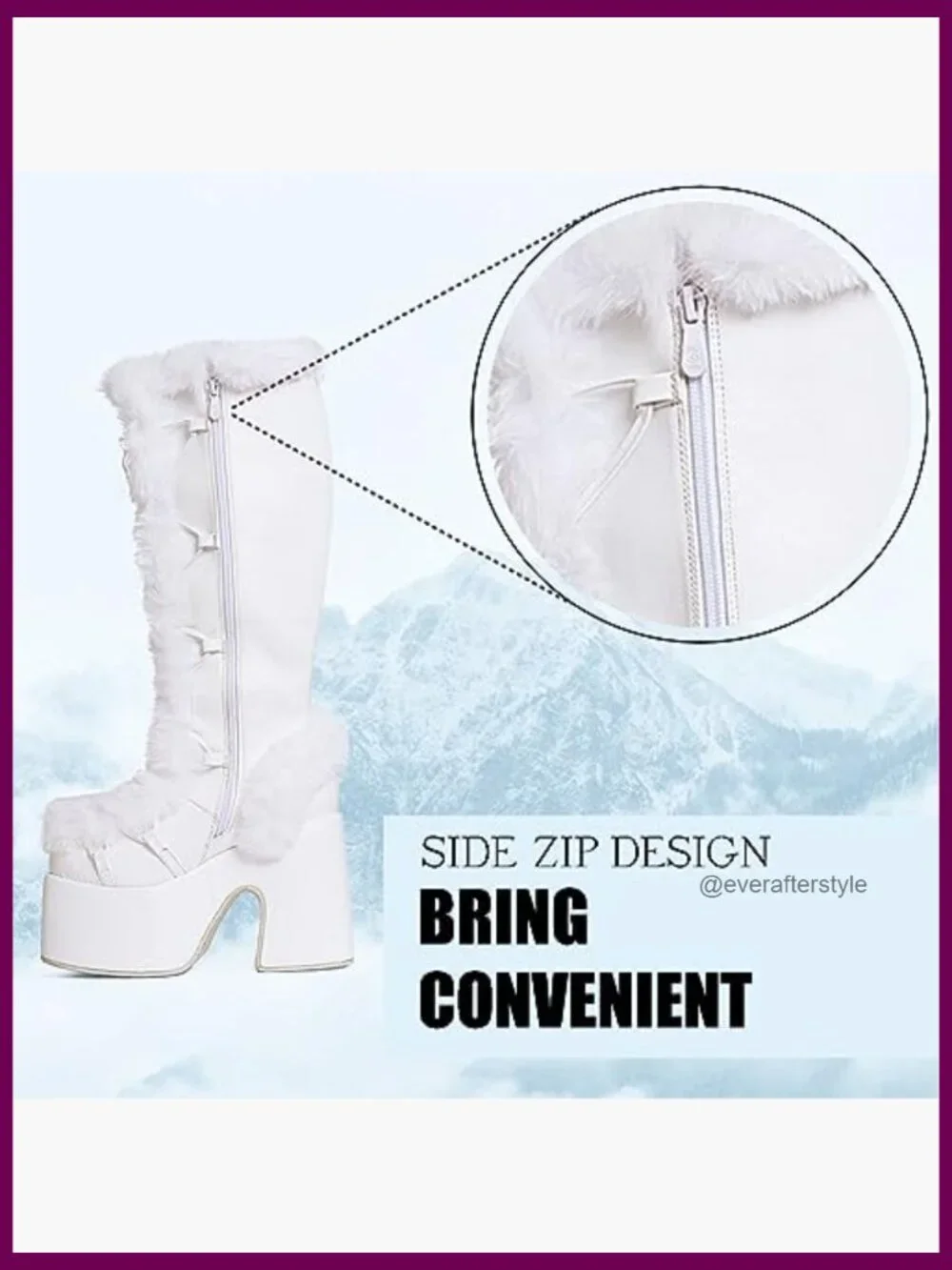 Knee High Boots Side Zipper Faux Fur Platform Chunky Heel Punk Goth Winter Snow